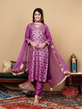 Varanga Women Pruple Brocade Lace Embellished Straight Kurta With Trousers And Fringed Dupatta