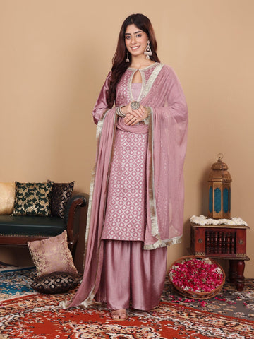 Varanga Women Mauve Brocade Zari Lace Embellished Panelled Straight Kurta With Trousers And Fringed Dupatta.