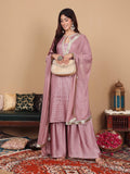 Varanga Women Mauve Brocade Zari Lace Embellished Panelled Straight Kurta With Trousers And Fringed Dupatta.