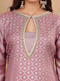 Varanga Women Mauve Brocade Zari Lace Embellished Panelled Straight Kurta With Trousers And Fringed Dupatta.