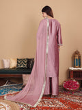 Varanga Women Mauve Brocade Zari Lace Embellished Panelled Straight Kurta With Trousers And Fringed Dupatta.