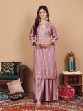 Varanga Women Mauve Brocade Zari Lace Embellished Panelled Straight Kurta With Trousers And Fringed Dupatta.