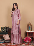 Varanga Women Mauve Brocade Zari Lace Embellished Panelled Straight Kurta With Trousers And Fringed Dupatta.