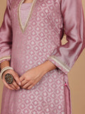 Varanga Women Mauve Brocade Zari Lace Embellished Panelled Straight Kurta With Trousers And Fringed Dupatta.