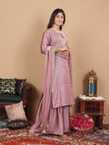 Varanga Women Mauve Brocade Zari Lace Embellished Panelled Straight Kurta With Trousers And Fringed Dupatta.