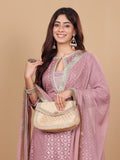 Varanga Women Mauve Brocade Zari Lace Embellished Panelled Straight Kurta With Trousers And Fringed Dupatta.