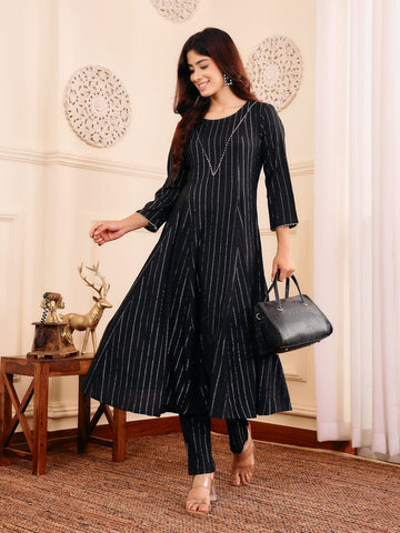 Varanga Women Black Lurex Crepe Anarkali Kurta With Trousers.