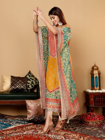 Varanga Women Mustard- Multi Colored Pure Silke Gotta And Mirror Embroidered Kaftan With Dhoti Pants