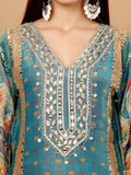 Varanga Women Teal Blue Pure Silk Gotta And Mirror Work Kaftan With Tulip Pants