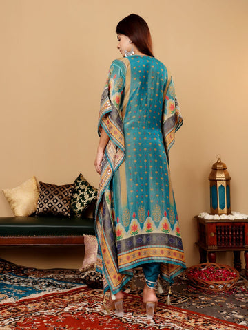 Varanga Women Teal Blue Pure Silk Gotta And Mirror Work Kaftan With Tulip Pants
