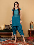 Varanga Women Teal Blue Pure Silk Gotta And Mirror Work Kaftan With Tulip Pants