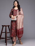 Varanga Women Red Foil Printed Yoke Embroidered Round Neck Kurta Paired with Bottom and Dupatta