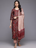 Varanga Women Red Foil Printed Yoke Embroidered Round Neck Kurta Paired with Bottom and Dupatta