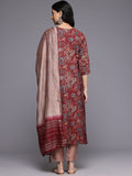 Varanga Women Red Foil Printed Yoke Embroidered Round Neck Kurta Paired with Bottom and Dupatta