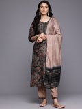 Varanga Women Black Round Neck Printed Embroidered Kurta Paired with Bottom and Dupatta