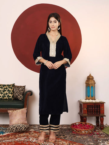 Varanga Women Navy Blue Straight Velvet Kurta Set With Dupatta