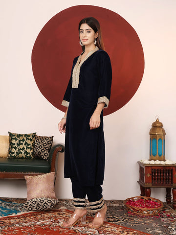 Varanga Women Navy Blue Straight Velvet Kurta Set With Dupatta