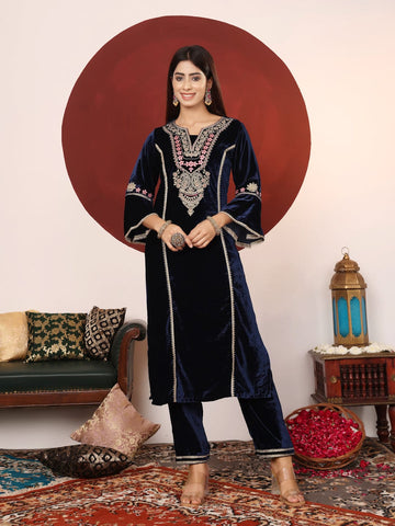 Varanga Women Navy Blue Velvet Zari And Gotta Patti Embroidered Straight Kurta With Trousers And Scalloped Dupatta