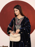 Varanga Women Navy Blue Velvet Zari And Gotta Patti Embroidered Straight Kurta With Trousers And Scalloped Dupatta