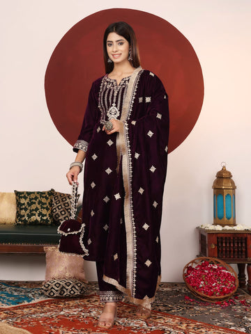 Varanga Women Purple Velvet Zari And Thread Embroidered Straight Kurta With Trousers With Fringed Dupatta