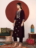 Varanga Women Purple Velvet Zari And Thread Embroidered Straight Kurta With Trousers With Fringed Dupatta