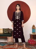 Varanga Women Purple Velvet Zari And Thread Embroidered Straight Kurta With Trousers With Fringed Dupatta