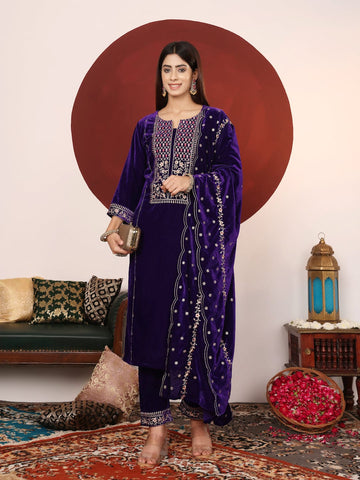 Varanga Women Violet Thread And Zari Embroidered Velvet Straight Kurta With Trousers And Dupatta