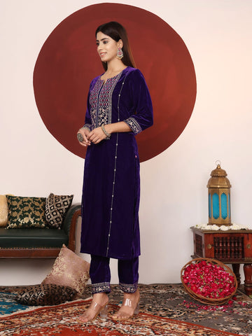 Varanga Women Violet Thread And Zari Embroidered Velvet Straight Kurta With Trousers And Dupatta