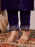 Varanga Women Violet Thread And Zari Embroidered Velvet Straight Kurta With Trousers And Dupatta