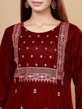 Varanga Women Maroon Velvet Thread Embroidered Straight Kurta With Trousers And Fringed Velvet Dupatta.