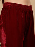 Varanga Women Maroon Velvet Thread Embroidered Straight Kurta With Trousers And Fringed Velvet Dupatta.