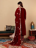 Varanga Women Maroon Velvet Thread Embroidered Straight Kurta With Trousers And Fringed Velvet Dupatta.