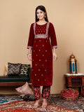 Varanga Women Maroon Velvet Thread Embroidered Straight Kurta With Trousers And Fringed Velvet Dupatta.