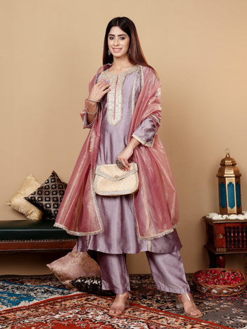 Varanga Women Lavender Zari Lace Embellished Anarkali Kurta With Trousers And Tissue Dupatta.