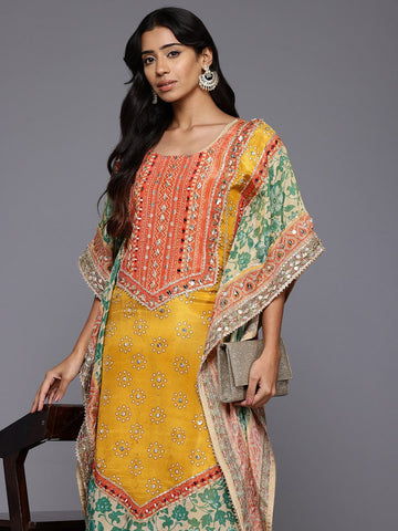 Varanga Women Mustard- Multi Colored Pure Silk Gotta and Mirror Embroidered Kaftan with Dhoti Pants