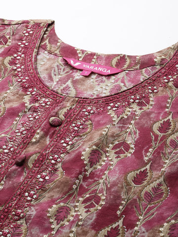 Varanga Women Printed Pink Floral Embroidered Round Neck Kurta Paired with Bottom and Dupatta