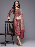 Varanga Women Printed Pink Floral Embroidered Round Neck Kurta Paired with Bottom and Dupatta