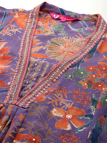 Varanga Women Lavender Floral Printed Embroidered Kurta Paired with Bottom and Dupatta