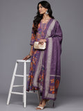 Varanga Women Lavender Floral Printed Embroidered Kurta Paired with Bottom and Dupatta