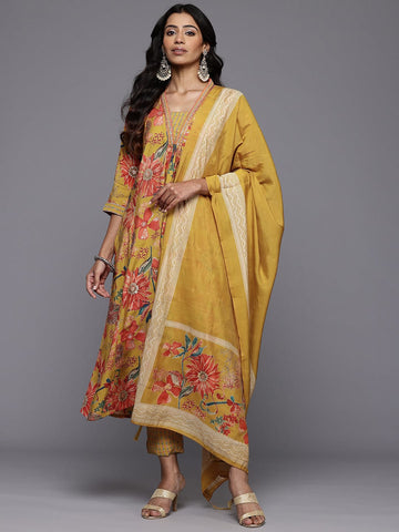 Varanga Women Mustard Floral Printed Embroidered Kurta Paired with Printed Bottom and Dupatta.