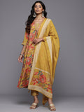 Varanga Women Mustard Floral Printed Embroidered Kurta Paired with Printed Bottom and Dupatta.