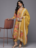 Varanga Women Mustard Floral Printed Embroidered Kurta Paired with Printed Bottom and Dupatta.