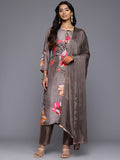 Varanga Women Grey Floral Printed Beads and Stones Embellished Straight Kurta with Trousers and Dupatta