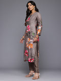 Varanga Women Grey Floral Printed Beads and Stones Embellished Straight Kurta with Trousers and Dupatta