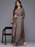 Varanga Women Grey Floral Printed Beads and Stones Embellished Straight Kurta with Trousers and Dupatta