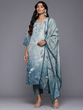 Varanga Women Grey Blue Floral Printed Straight Kurta with Trousers and Dupatta