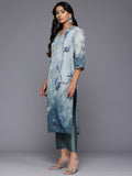 Varanga Women Grey Blue Floral Printed Straight Kurta with Trousers and Dupatta