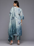 Varanga Women Grey Blue Floral Printed Straight Kurta with Trousers and Dupatta