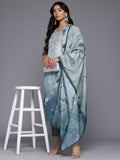 Varanga Women Grey Blue Floral Printed Straight Kurta with Trousers and Dupatta