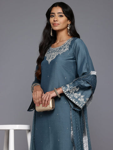 Varanga Women Grey Embroidered Straight Kurta with Bottom and Dupatta